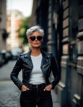 slender girl with white hair, pixie haircut, sunglasses, wearing a leather jacket, and black jeans, standing on the street,