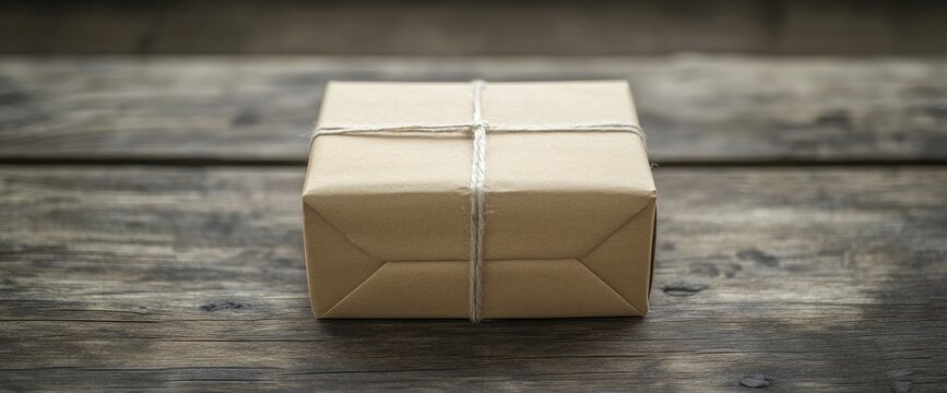 Brown Package Tied with String on Rustic Wooden Background