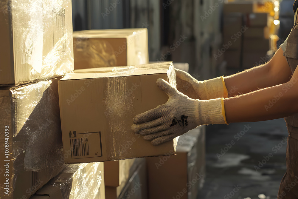 Poster a gloved hand reaches down to pick up a cardboard box from a stack of boxes.