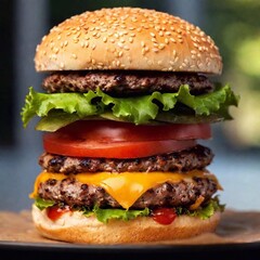 A high-resolution ultrarealistic image of a gourmet cheeseburger, captured with a digital camera, showcasing intricate details and vibrant colors. The burger features a glossy, toasted brioche bun wit