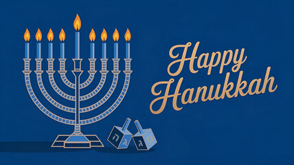 Happy Hanukkah banner featuring a blue menorah and dreidels with an elegant design 