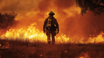 Fototapeta premium Brave firefighter battling intense wildfire amidst blazing flames and smoky skies