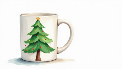 Watercolor painting of a mug with a Christmas tree design, empty space for text on the right. The concept of Xmas, New Year. Banner.