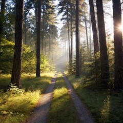 Naklejka premium A high-resolution ultrarealistic image captures a serene forest path at dawn. This digital photograph showcases a dirt pathway meandering through a dense forest of tall pine trees. Sunlight streams th