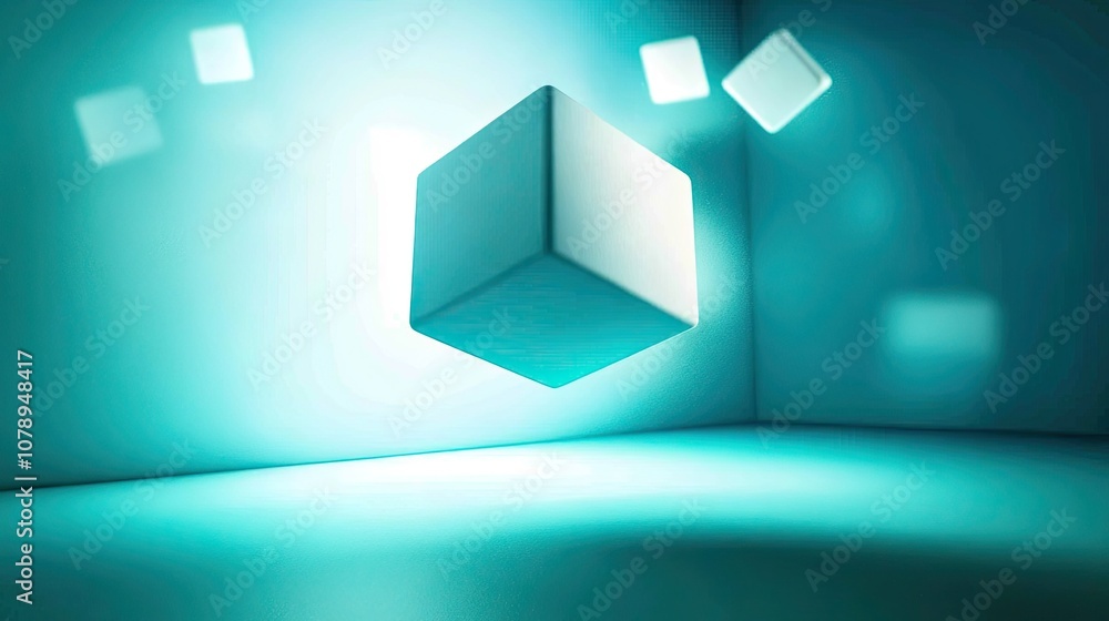 Poster abstract floating cube in a modern digital environment with glowing light effects.
