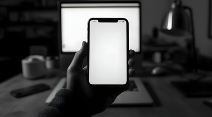 A hand holding a smartphone with a blank screen in front of a computer in a home office.