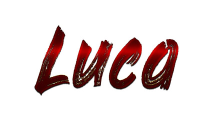 3D blood red design of name Luca on white background.
