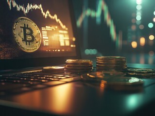 Bitcoin currency with blockchain concept on laptop keyboard with coins and charts and graphs. Crypto investment security and strategy.