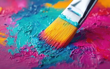 Fototapeta premium A vibrant paintbrush blending colorful acrylic paints on a canvas surface.