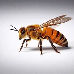 A high-resolution ultrarealistic image of a honeybee captured in exquisite detail. The digital artwork features the honeybee in a dynamic side profile against a seamless white background, highlighting
