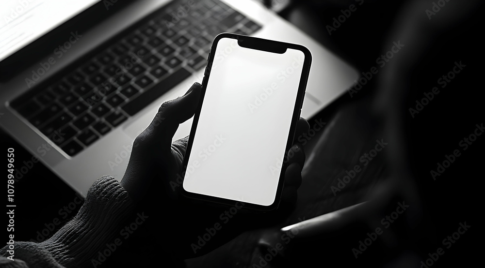 Poster a hand holds a smartphone with a blank screen in front of a laptop keyboard, both in a dark, shadowy