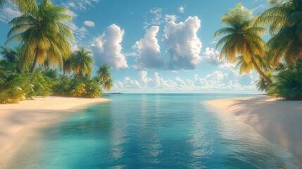 Fototapeta premium Serene tropical beach with clear water and palm trees.