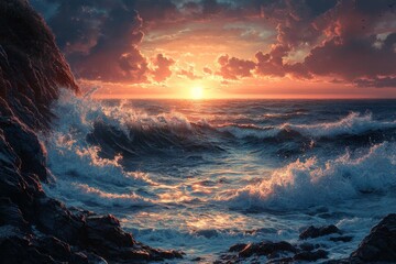 Fototapeta premium Ocean waves crashing against rugged coastal cliffs at sunset. Generative AI