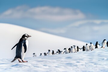 A lone penguin makes its way across the sparkling snow, leading a small group of its fellow penguins. The serene winter background enhances the scene's tranquil beauty