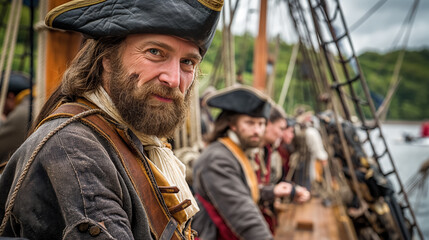 Fototapeta premium Historical pirates on sailing ship: adventure on the high seas with period costume and crew