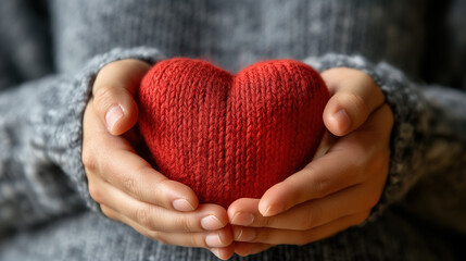 Hands holding a red knitted heart symbolizing love and care