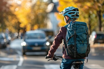 Schoolboy With Helmet And Backpack On Bicycle At Crosswalk On Way To School In Fall.