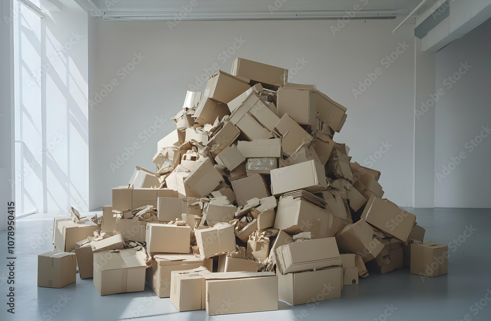 Poster a large pile of cardboard boxes in an empty room with a window in the background.