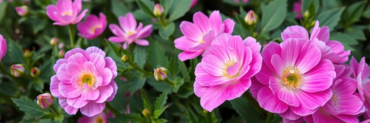 Obraz premium Vibrant pink and white ranunculus flowers in full bloom with lush greenery, bloom, greenery, nature