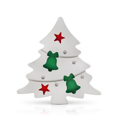 White plaster Christmas tree decorated with green bells and red stars. Isolated on white background.