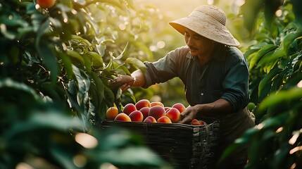 A worker collecting ripe peaches from a tree during harvest season, with bright green leaves around them