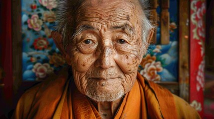 Naklejka premium Against a colorful backdrop, a thoughtful elderly woman's contemplative pose reflects on a lifetime of memories and lessons learned