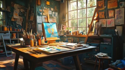 A cluttered artist's studio with an easel, brushes, paint, and a window with sunlight streaming in.