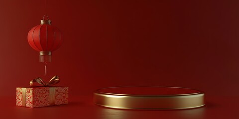 Abstract Marketing Background Featuring a 3D Rendered Red Backdrop in C4D Style, Showcasing a Golden Podium with Lanterns and Gift Boxes on the Left. This Design Captures the Essence of the New Year A