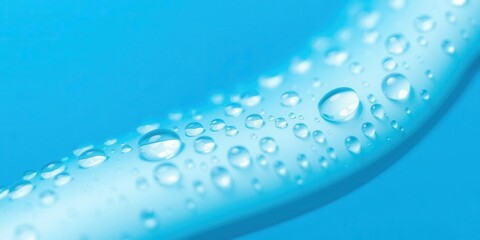 Water drops glistening on a vibrant blue surface, creating a calming and refreshing image, purity, liquid, reflection
