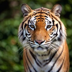 close-up of a tiger face, with its intense amber eyes locked on the viewer, whiskers twitching, and its orange and black stripes vividly standing out against the softly blurred greenery behind it