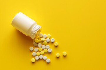 White Plastic Pill Bottle, Tablets Spilled Out, Medicine Against Yellow Background With Copy Space