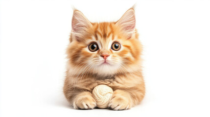 Obraz premium Animal front and look straight, Fluffy kitten playing with yarn ball, showcasing its playful nature and adorable features. This charming scene captures essence of feline joy
