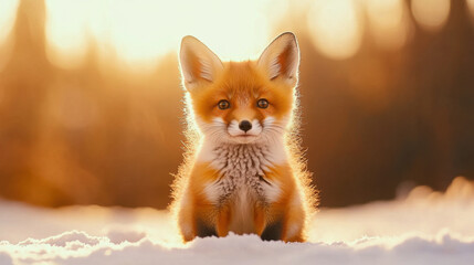 Obraz premium Animal front and look straight, full body fox cub sitting in snow, looking directly at viewer with warm, golden background. scene evokes sense of curiosity and innocence