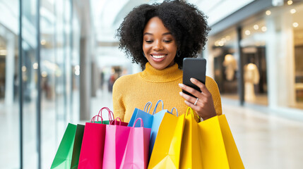 Joyful african american female shopper with colorful bags and smartphone in modern mall