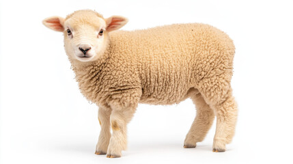 Animal front and look straight, Fluffy lamb with soft wool standing and looking curiously. This adorable animal showcases its charming features and playful demeanor