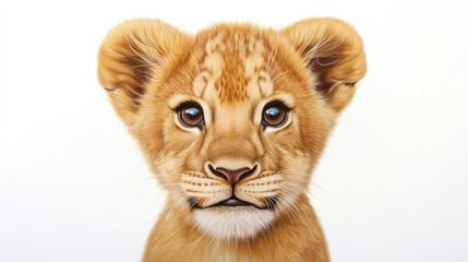 Obraz premium Animal front and look straight, full body lion cub with playful eyes, looking straight ahead, exuding curiosity and innocence