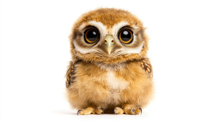 Naklejka premium Animal front and look straight, Fluffy owl chick with large eyes, showcasing its adorable features and soft feathers. This charming bird stands out with its unique expression and vibrant plumage