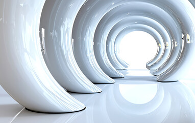 Obraz premium 3D illustration of circular white structure creating futuristic tunnel effect, showcasing smooth curves and reflections. design evokes sense of modernity and elegance