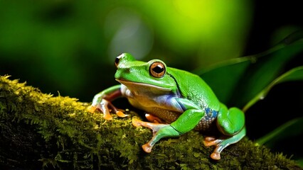 Obraz premium European green tree frog (Hyla arborea formerly Rana arborea) stalking prey in natural environment in forest