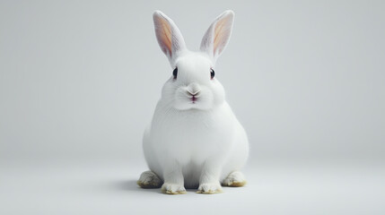 Fototapeta premium Animal front and look straight, full body white rabbit with floppy ears sitting calmly on light background, exuding sense of tranquility and innocence