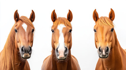 Fototapeta premium Animal front and look straight, Calm horses looking forward with serene expressions against white background. Their beautiful coats and attentive ears create peaceful atmosphere