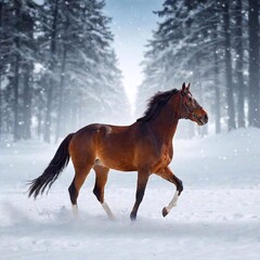 Generate a winter-themed photo-realistic horse racing scene with a snowy racetrack, horses with visible breath in the cold air, and a backdrop of a snowy, enchanting winter forest