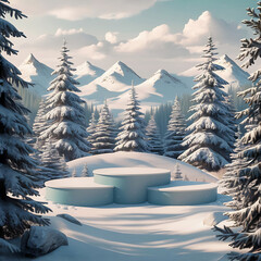 A scenic, winter-themed podium setup with Snowy Winter Forest and Mountain View