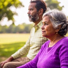 Obraz premium A medium close-up shallow focus side view of a South Asian senior couple watching the game intently