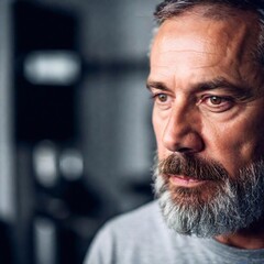 A close-up of an older athlete's eyes filled with focus as they attempt a new routine.