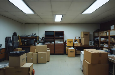 A messy office space with cardboard boxes stacked high, shelves, a desk, and a computer.