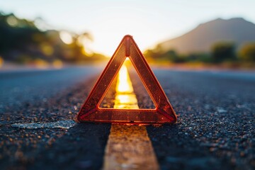 Red Emergency Warning Triangle on Empty Road, Signaling Danger, Car Trouble, Roadside Assistance