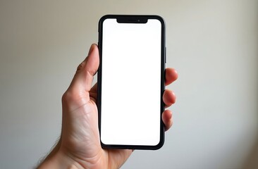 A person holding a mobile phone with white screen on bright background, textspace