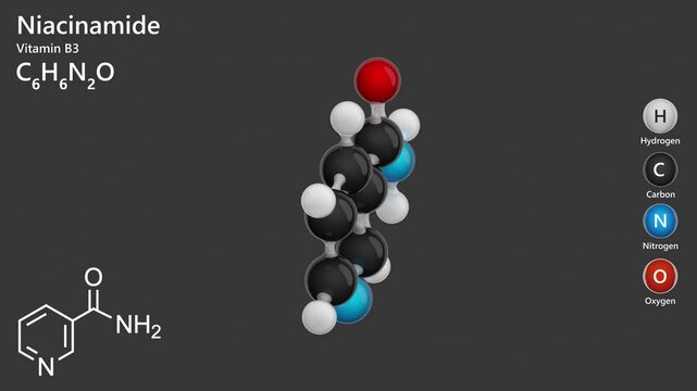 Niacinamide. B3 vitamin. Animated 3D model of a molecule. Molecular formula: C6H6N2O. Chemical model: Ball and sticks. Gray background. 3D rendering. Seamless loop.