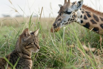 In a tranquil grassland scene, a tabby cat curiously observes its surroundings while a giraffe grazes in the distant background under soft sunlight